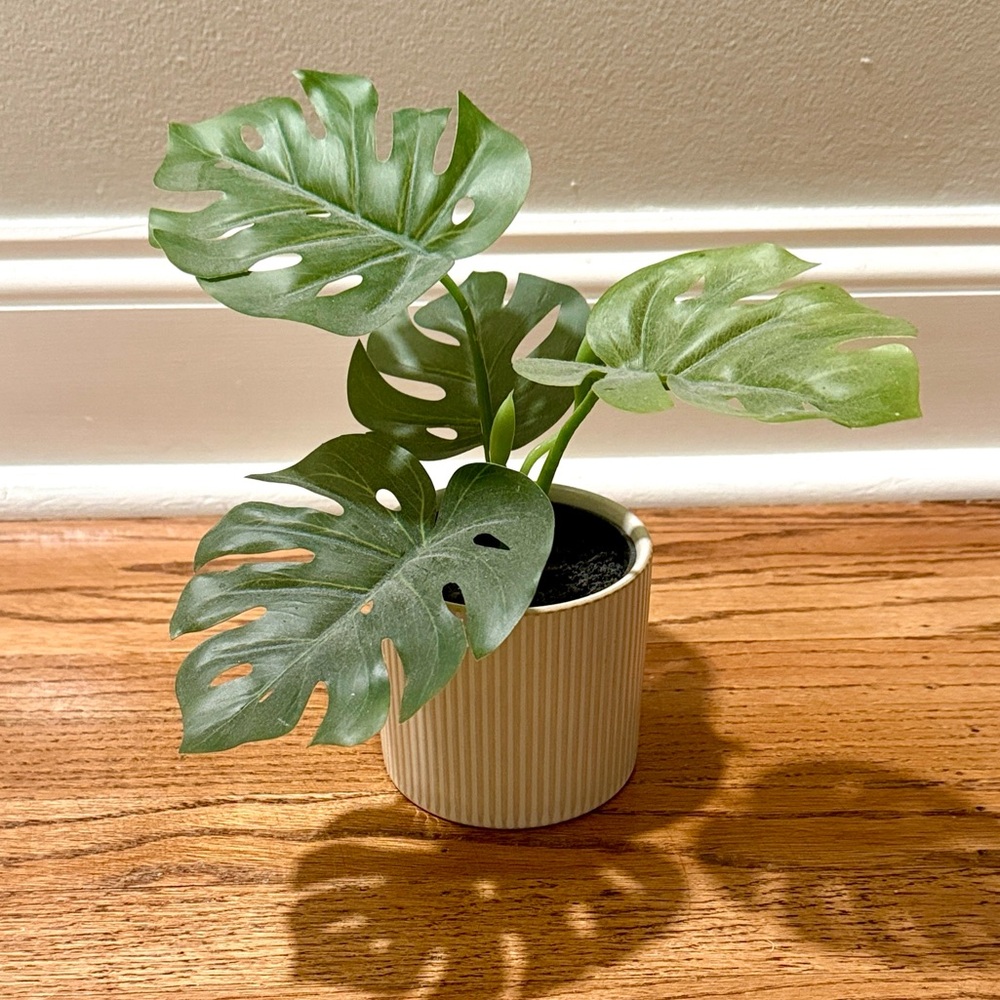 Monstera Faux Plant in White Ribbed Pot